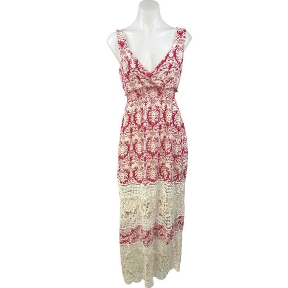 Anthropologie Sunday in Brooklyn Red White Damask Crochet Lace Maxi Dress Sz XS - Picture 1 of 8